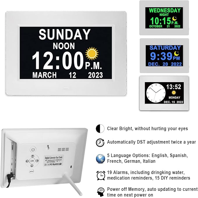 MASSII ใ2025 Newใ 19 Alarms Digital Clock with Loud Voice Talking Time, Auto DST, 20 Custom Reminders, 10-Level Dimmer, Sleep Trainer, Day Date Calendar Clock for Seniors Dementia- 7 Inch with Remote