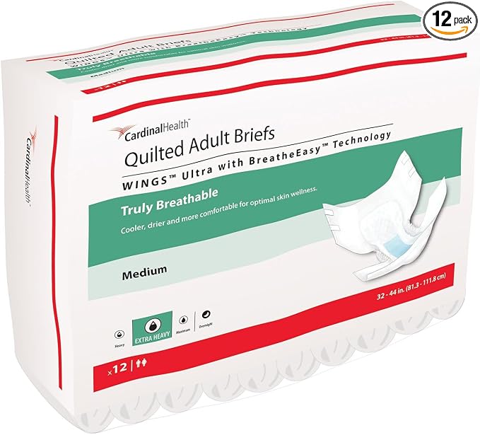 Cardinal Health™ Wings™ Ultra Quilted Briefs with BreatheEasy™ Technology, Extra Heavy Absorbency, Adult Disposable Briefs, Medium - Bag of 12