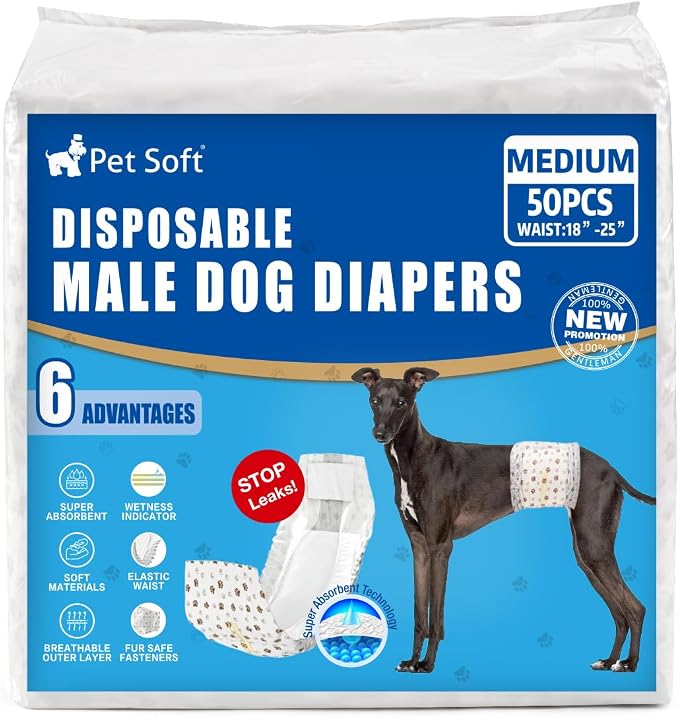 Pet Soft Dog Diapers Male - Disposable Male Dog Wraps Wetness Indicator, Ultra Absorbent Doggie Diapers Comfortable for Incontinence Excitable Urination, 50pcs Medium