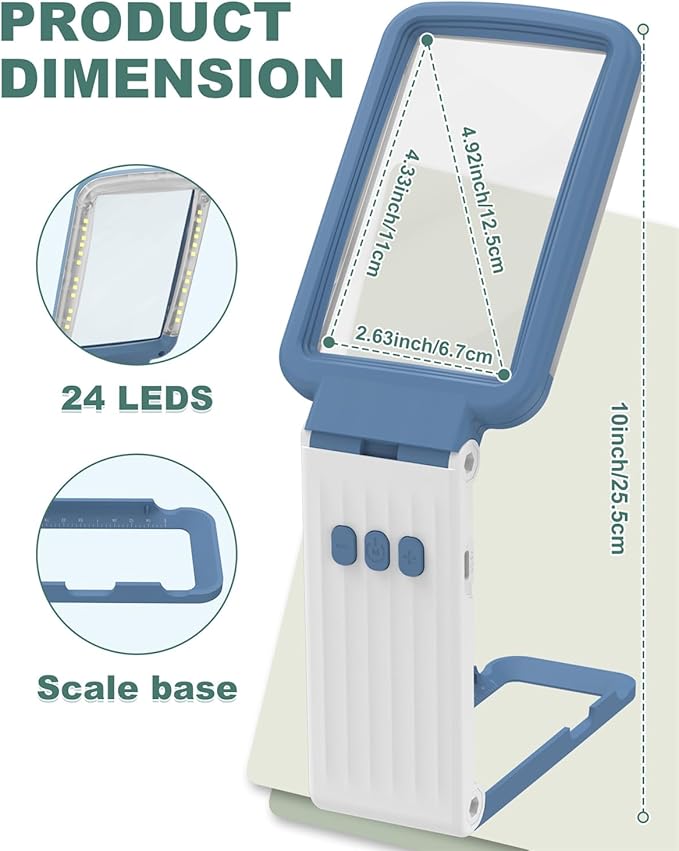 15X Magnifying Glass with Light and Stand, Rechargeable Folding Handheld Real Glass Magnifier, 3 Color Modes Dimmable Lighted Page Magnifying Sheet for Seniors Low Vision Small Prints - Blue White