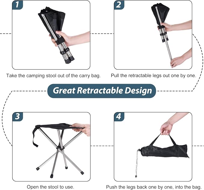 13.8in Portable Camping Stool, Compact Lightweight Folding Chair for Adults | 1.32 lb Weight, 12.2in Seat, 1800D Oxford Fabric, Stainless Steel Legs and Carry Bag for Camping, Fishing, Hiking and Travel