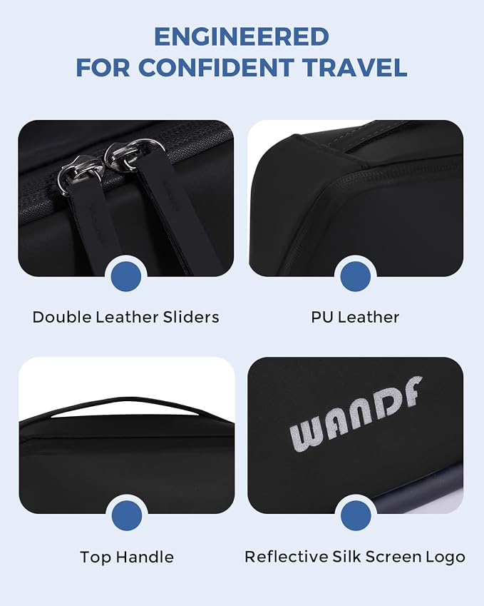 WANDF PU Leather Toiletry Bag for Men, Dopp Kit with Hanging Pouch | Water-Resistant Fabric, Travel Bag for Toiletries, Compact Storage, Shaving Accessories, Weekend Trips