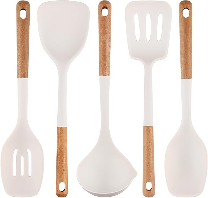 Silicone Cooking Utensils Set 5 Pcs Large Non-Stick Kitchen Utensils Set, Wooden Handle Heat Resistance Turner Soup Ladle Spoon Silicone Cooking Kitchen Gadgets BPA Free for Nonstick Cookware