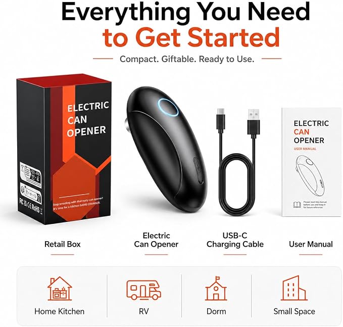 Rechargeable Electric Can Opener for Seniors & Arthritis, Automatic One-Touch Operation, Smooth Edge Cutting with Auto Stop & Magnetic Lid Lifter, Hands-Free, USB-C, Compact, Black