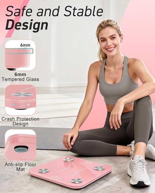 INSMART Body Fat Scale, Smart Scale for Body Weight 0.1lb High Accuracy, Digital Bathroom Weight Scale for BMI, Body Fat, Muscle 17 Body Composition Analyzer Sync with App, LED Display, 400lb, Pink