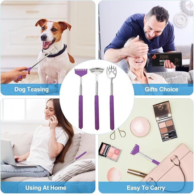 Yeipis 3 Pack Different Back Scratcher Metal Portable Telescoping Back scratchers with Rubber Handles, Extendable Back Massager Tool with Beautiful Box Stocking Stuffers for Men Women(Purple)