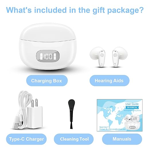 BLJ OTC Hearing Aids for Mild to Moderate Loss, Ergonomic Fit & Instant Use No App, 32-Channel DSP Noise-Cancelling & Feedback Suppression, Home/Office/Daily Use, Digital Display Case (White)