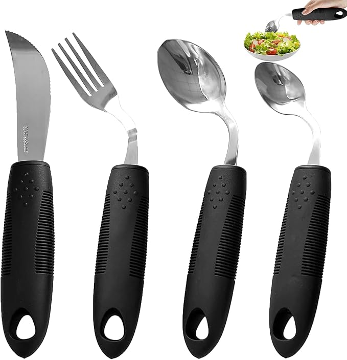 Xmas Gift Pick, 4Pcs Weighted Adaptive Utensils, 45°Angled Built up Utensils Set for Hand Tremors, 3.5oz Parkinsons Utensils for Elderly, Hand Tremors (Right-Handed)