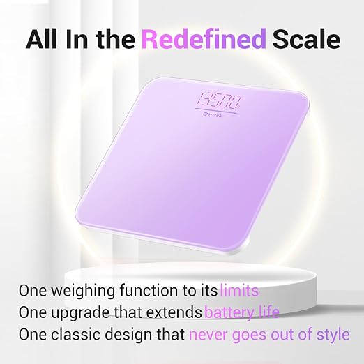 Ovutek Bathroom Scale for Body Weight, Highly Accurate Digital Weighing Machine for People, Upgraded Batteries Included, Compact Size, LED Display, High Standards Sturdy Tempered Glass, 400lb (Purple)