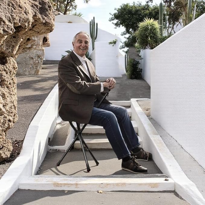 Folding Cane Seat Combo 400 lbs Capacity Portable Cane Stool Handy Folding Crutch Chair Seat 3 Legs Height Adjustable Heavy Duty Thick Aluminum Walking Stick Tall Unisex for Elderly Travelon Blue