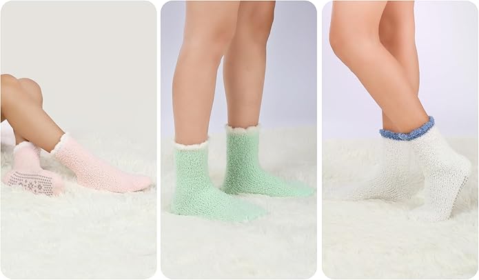 HUGSWEET 6 Pairs Thick Fuzzy Socks with Grip Cozy Non Slip Hospital Socks Home Fluffy Warm Slipper Socks Gifts for Women