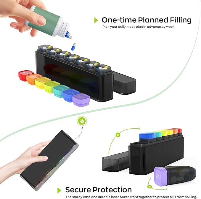 Weekly Pill Organizer 1 Time a Day, HIONXMGA Detachable Travel Pill Box 7 Day, Large Medicine Pill Case Container for Daily Medication Vitamin Supplement Fish Oil, Portable Week Pills Holder, Black