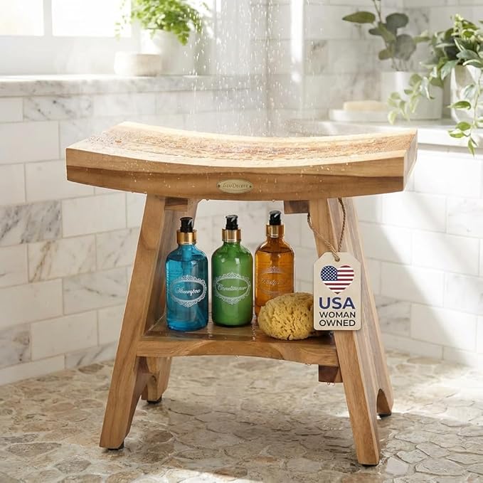 EcoDecors Teak Shower Bench 18", 300 lb Capacity – Waterproof Wood Bath Seat with Shelf, Spa Seating for Adults – Compact Fit for Small Bathrooms & Walk-in Showers – Slip-Resistant Feet