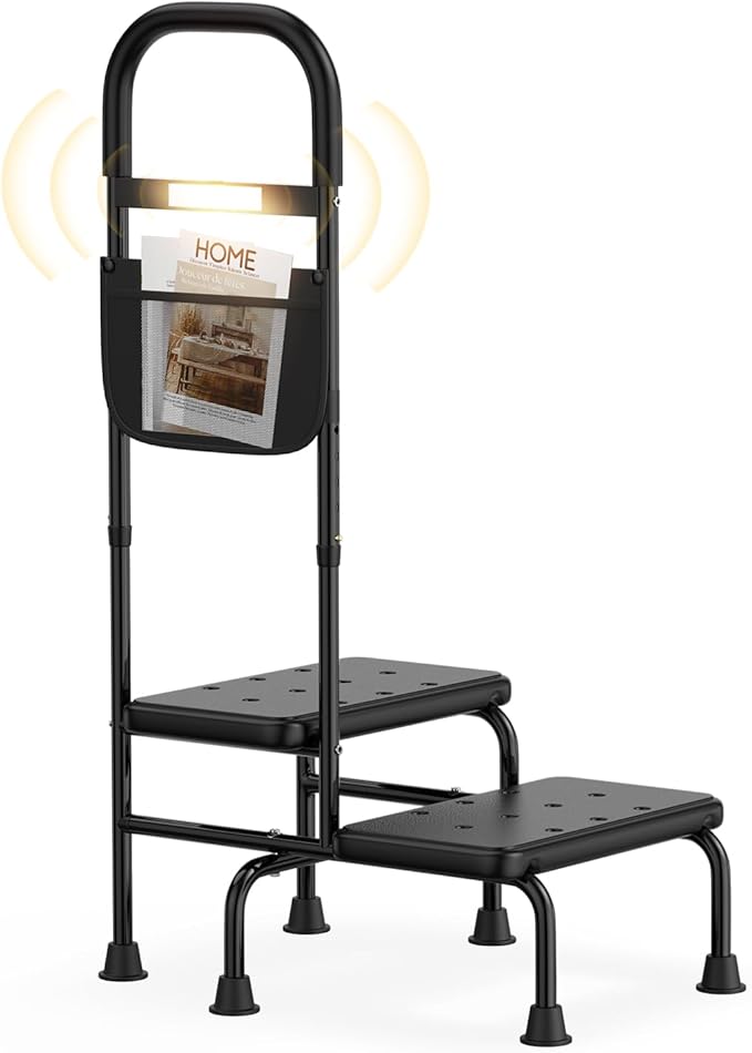 2 Step Stool with Handle for Elderly Heavy Duty Bed Steps for High Beds for Adults Two Step Stools for Seniors with Adjustable Handrail Non-Skid Platform LED Light Foot Stool for Kitchen Room (Black)