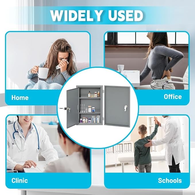 Yeeoy Locking Medicine Cabinet, Wall Mount Narcotics Cabinet with Lock & Double Door, Secure Steel Drug Cabinet Medicine Lock Box for Home School use, Grey