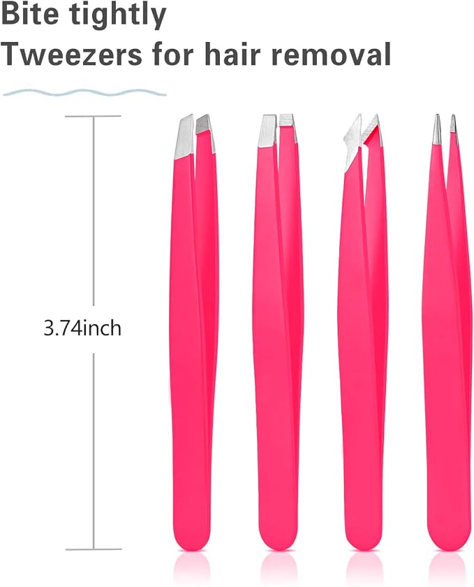 Derlaier Tweezers Set Professional High Precision Stainless Steel Eyebrow Remover Ingrown Hair & Splinter Removal Kit Facial Hair Grooming Tools for Men Women Pink 4 Pcs