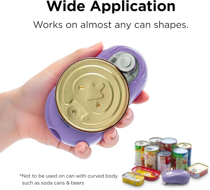Kitchen Mama One Touch Electric Can Opener, Purple | Opens with One Button Press, Auto-Stop, Smooth Edge, Cordless, Battery Operated