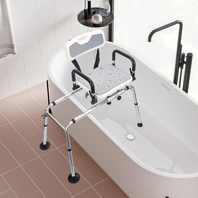 Shower Chair, for Elderly Disabled - Adjustable Height Shower Stool, with Padded Armrests/Backrest, Anti-Slip Feet, with Drainage Holes, Shower Chair for Inside Shower (White)