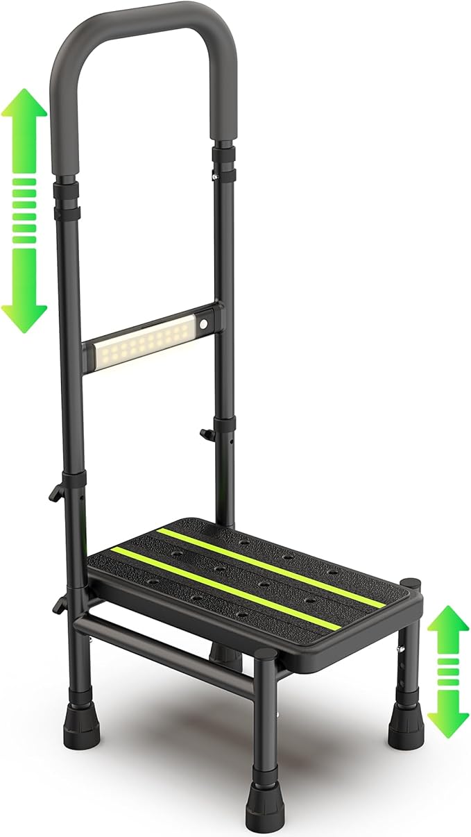 Step Stool with Handle for Elderly Adults, Adjustable Handrail & Leg, Sensor Light, Medical Stepping Stools for High Bed Mobility & Daily Living Aids, Bedside Car Stair Lift for Senior 350lbs