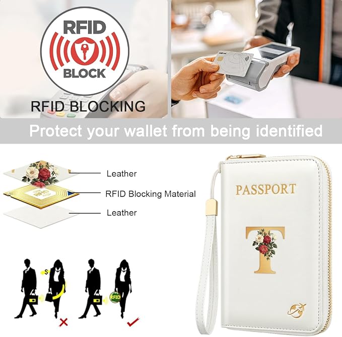 Passport Holder for Travel Personalized Wallet with Wristlet Women | All-in-One Passport Cover, RFID Blocking, Back Coin Pocket, Paper Money Slot, Zipper Closure, Roses Initial Letter, White T