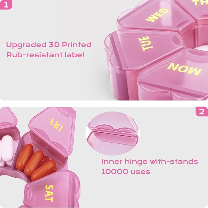 Pill Organizer Weekly - Cute Medicine Pill Organizer 7 Day, Large Daily Pill Box for Travel, SHIJOINYU Pill Dispenser Case 1 Time a Day for Medication/Supplement/Fish Oil (Pink)