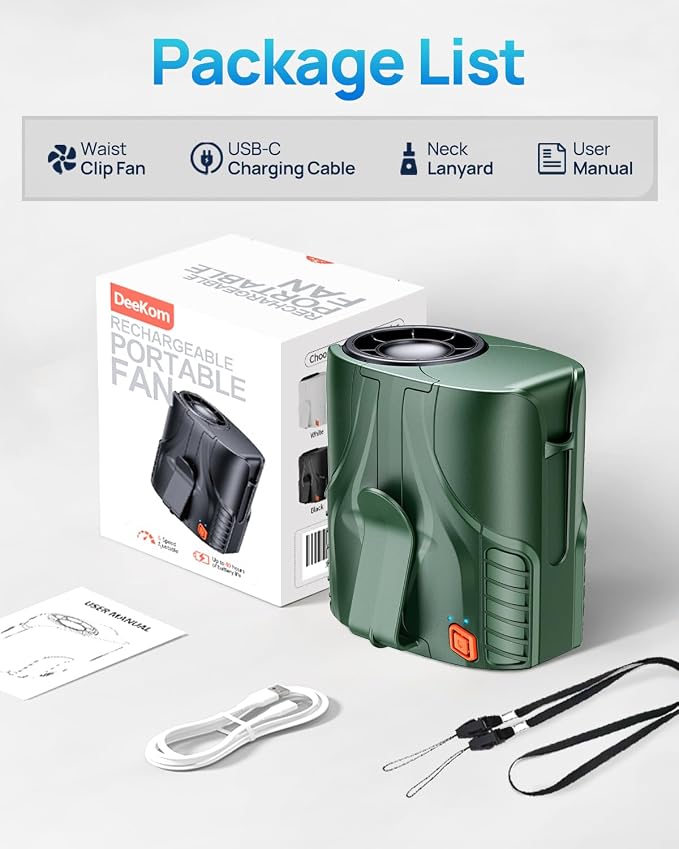 Portable Personal Waist Fan& Neck Fan, 14000RPM Brushless Motor, 40H Runtime Rechargeable, 6-Speed Quiet Operation, Clip-On Personal Body Cooling for Camping/Worksites/Outdoor