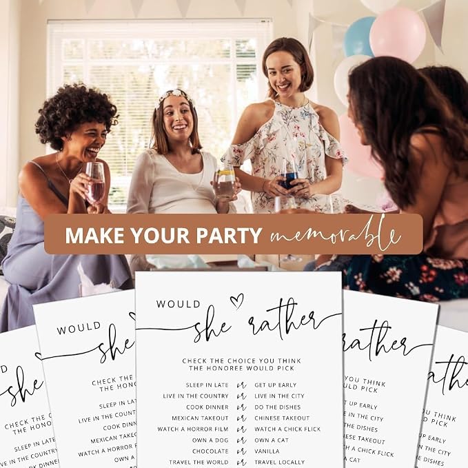 50 Would She Rather Bridal Shower Game Cards, Baby Shower Games, 50 Guests, Minimalist White