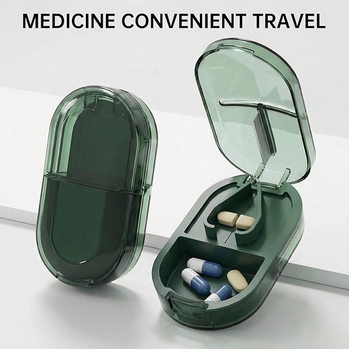 Pill Cutter Splitter for Small or Large Pills, Portable Pill Splitter with Hidden Professional Organizer and Brush, Tablet Cutter Medicine Slicer, Coupe Pilule for Tablets and Vitamins (Green)