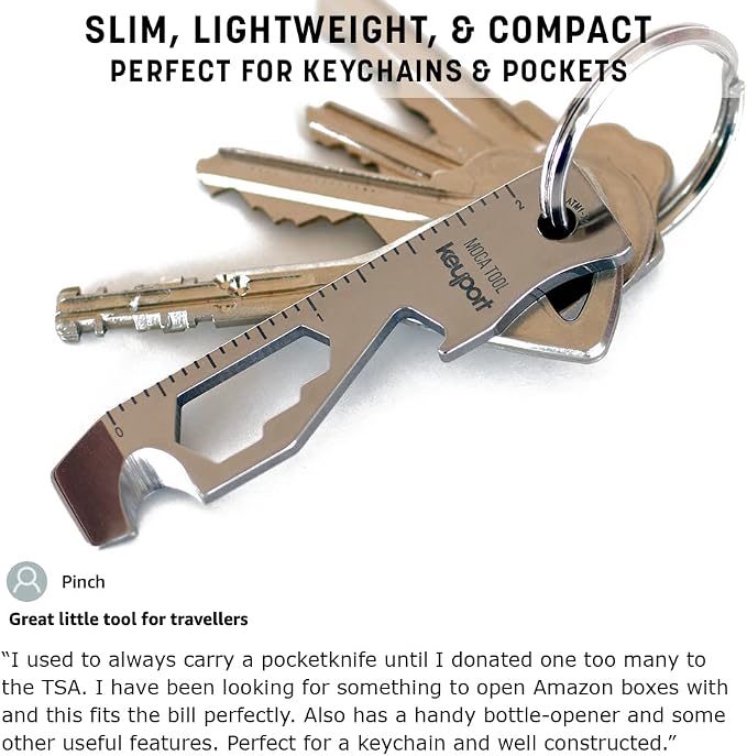 Keyport MOCA 10-in-1 Keychain Multitool - Flat EDC Key Tool - Silver | Fits Key Chains, Select Key Organizers | 420 Stainless | Internal Blade, Travel-Friendly | Box Opener, Pry Bar, Bottle Opener