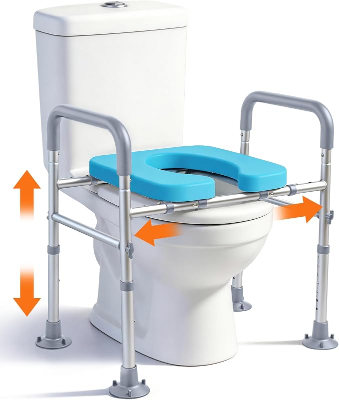 Adjustable Raised Toilet Seat with Handles for Seniors, Grey | 400lbs Capacity Elongated Toilet Seat Riser, Elevated Toilet Seat with Soft Cushion & Removable Armrests