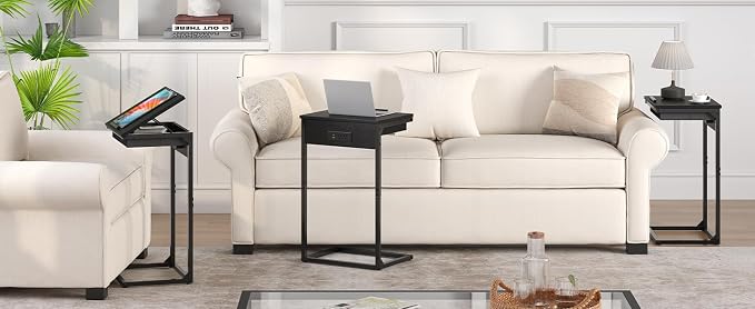 sthmec C Shaped End Table with Charging Station, 45° Tiltable Adjustable Flip Top Side Table with Storage,Small C Table for Small Spaces,Slide Under Couch Sofa Bedside Table for Living Room, Black