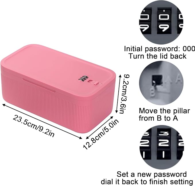 Medicine Lock Box Travel Case Medication Safe Lock Box Refrigerator Lockable Storage Box for Food Mobile Cell Phone Personal Items Snacks Medication LockBox for Office Home School Travel (Pink)