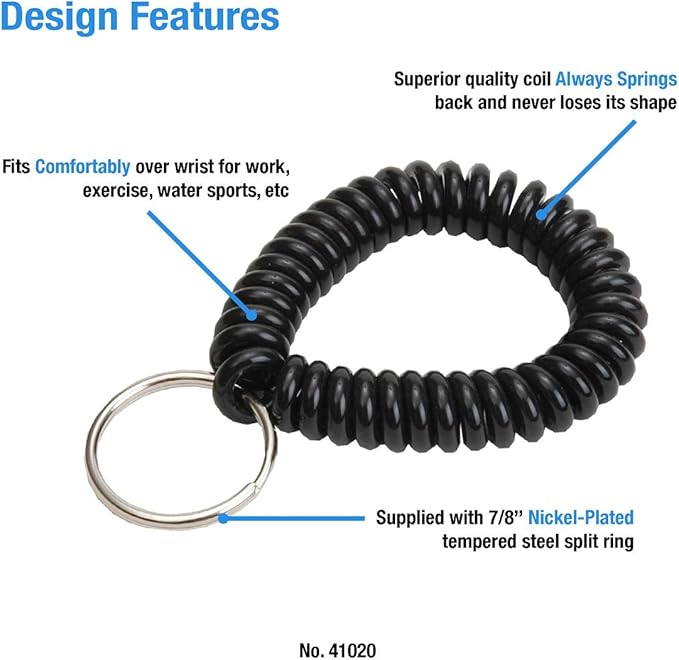 Lucky Line 2” Diameter Spiral Wrist Coil with Steel Key Ring, Flexible Wrist Band Key Chain Bracelet, Stretches to 12”, unisex-adult, Black, 1 PK (410201)