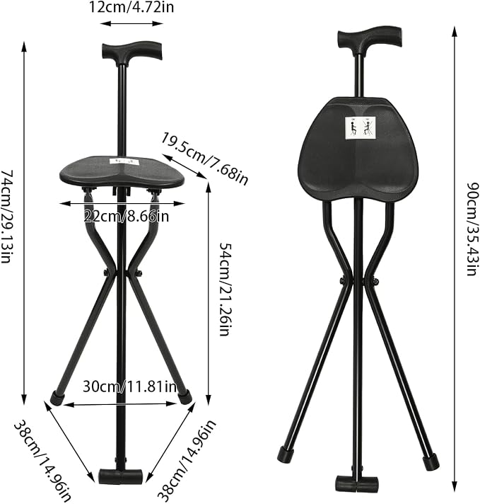 Folding Walking Cane with Seat for Seniors, 34” Tall Cane Chair Multi-Functional Three Legged Stool Supports 250 Pounds, Lightweight Anti-Slip Cane for Seniors Elderly