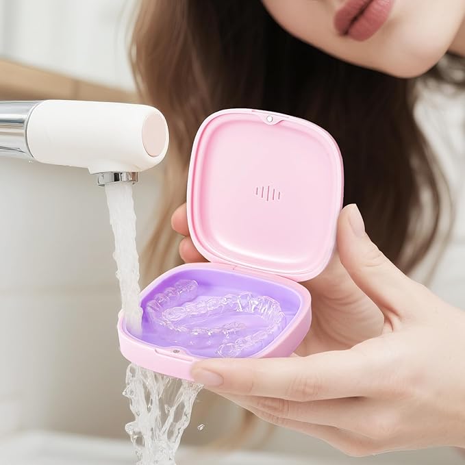 Retainer Case Slim Aligner Case with Vent Holes Removable Inner Tray Silicone for Easy Cleaning (1Pack Pink Purple)