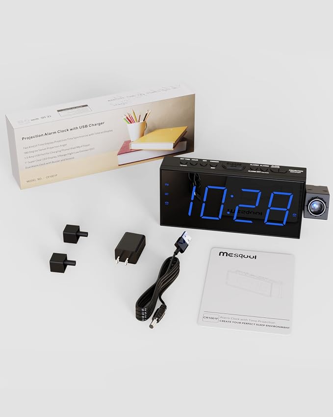Mesqool Digital Projection Alarm Clock with Dual Alarms, 5 Levels Dimmer | 180Β° Rotatable Projector,12/24H & DST, Large LED, Snooze, with Battery Backup, Loud Alarm Perfect for Heavy Sleepers