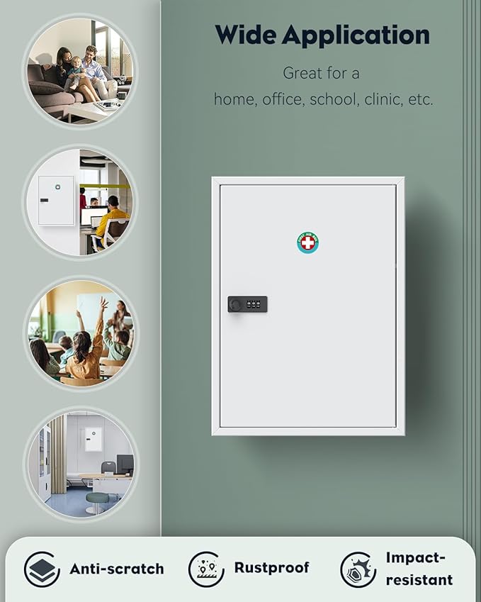 Uniclife Wall Mount Medicine Cabinet with Combination Lock, Locking First Aid Cabinet, Lockable Medical Cabinet, Large Capacity Medicine Organizer, Secure Steel Wall Cabinet Metal Storage Box, White