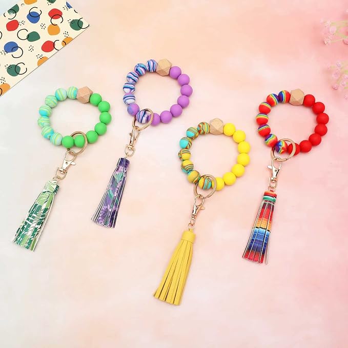 BAOSIWA Silicone Beaded Bracelet Keychain Wristlet Key Ring Bangle Chains for Women with Leather Tassel