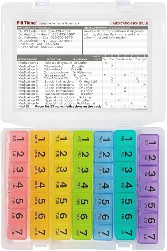 7 Times a Day Weekly Pill Box Organizer Case, Secure 7X Pillbox with Medication Schedule (7 Time-a-Day 2 Pack)
