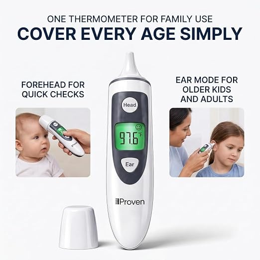 iProven Ear and Forehead Thermometer for Adults, Kids, and Baby | 2-in-1 Ear & Forehead, 1-Second Readings, Fever Alert Color Indicator, 20 Memory Recall, Family Thermometer For Home Use