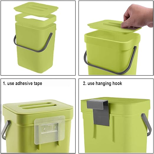 LALASTAR Small Plastic Trash Can, Hanging Small Trash Can with Lid Under Sink for Kitchen, Food Waste Bin for Countertop, Mountable Garbage Can for Bathroom, RV, 5L/1.3 Gal, Green