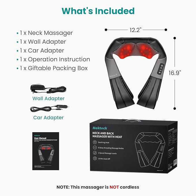 Nekteck Shiatsu Neck Massager for Pain Relief Deep Tissue with Heat, 3D Kneading Massage Pillow Back Shoulder Massagerfor Body Muscle, Plug-in Use for Home Office Car, Gifts for Mom Dad Him Her
