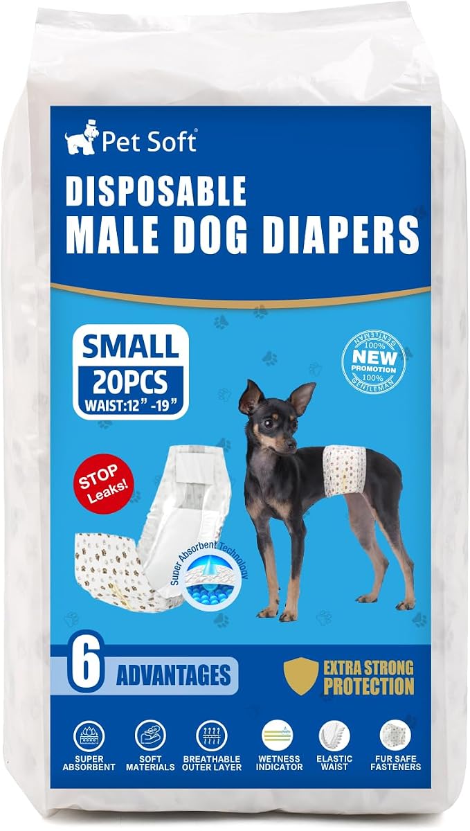 Pet Soft Dog Diapers Male - Disposable Male Dog Wraps Wetness Indicator, Ultra Absorbent Doggie Diapers Comfortable for Incontinence Excitable Urination, 20pcs Small