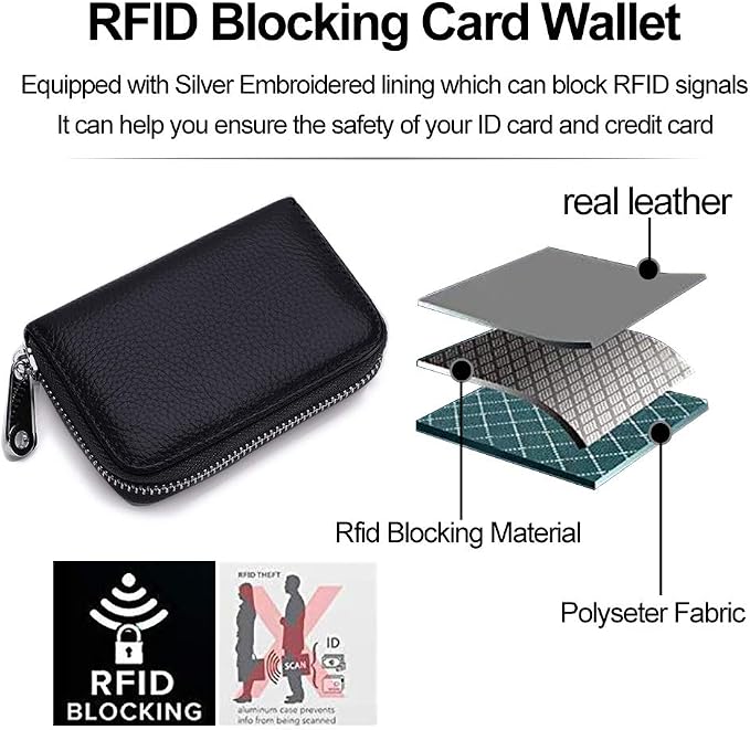 RFID Credit Card Holder Genuine Leather Credit Card Wallet with Zipper | RFID