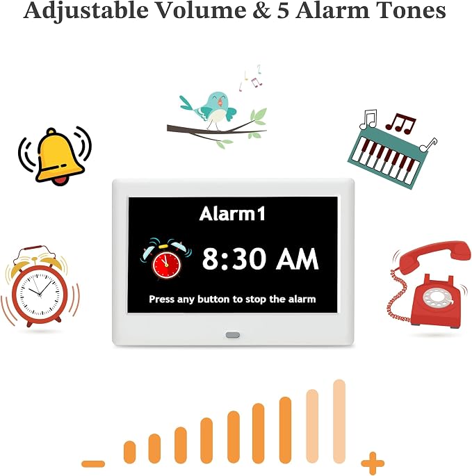 Digital Clock, 7'' Dementia Clock with Date and Time for Elderly Seniors | Large Display, 1024*600P HD, Auto DST, Easy Setup Reminders & Alarms, Remote Control, Gifts for Alzheimer Seniors, White