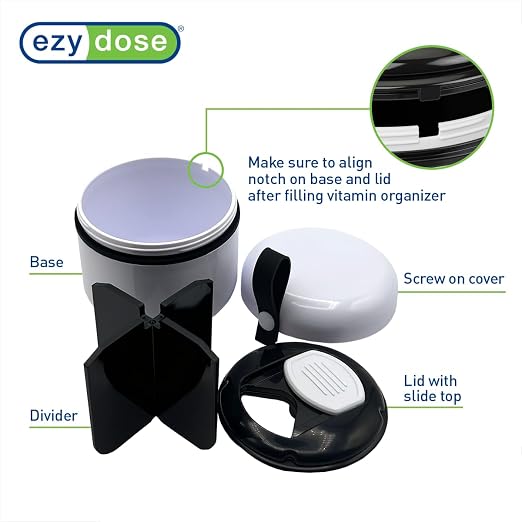 EZY DOSE Mini Pill Organizer, 4-Compartment Vitamin & Medication Case with Screw-Top Secure Seal + Sliding Dispenser, Compact Bottle-Replacement for Purse, Work, Cruise & Travel, Medium, White/Black