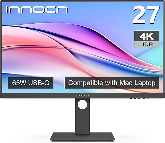 INNOCN 27 Inch 4K Monitor Computer UHD 3840 x 2160 LCD IPS Display, HDR400, USB Type C DP HDMI PC Monitor, 1.07B+ Colors, Built-in Speakers, Pivot/Height Adjustable Stand, Black