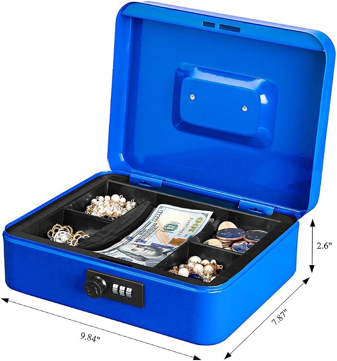 Jssmst Large Cash Box with Combination Lock – Durable Metal Cash Box with Money Tray Blue(9.8 x 7.9 x 3.5), SM-CB07002L