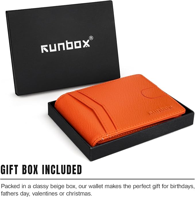 RUNBOX Wallet for Men -Slim Rfid Leather Mens Bifold Novelty Wallets 2 ID Window With Gift Box Men's Accessories | Minimalist Front Pocket Design, Holds 15 Cards, Large Capacity with Cash Pocket,Compact and Thin, Birthday Gifts for Men