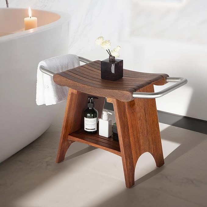 Teak Shower Bench with Stainless Steel Handles, 15” Waterproof Luxury Teak Shower Stool with Shelf, Compact Fit for Small Bathrooms, Easy Assembly Support 300 lbs